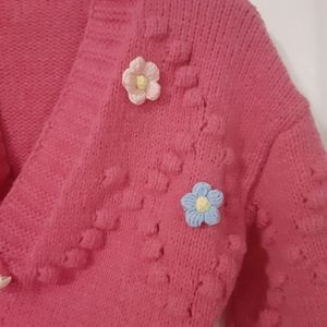 Womens Pink Flower Cardigan Knit  cardigan pink button up Barbiecore